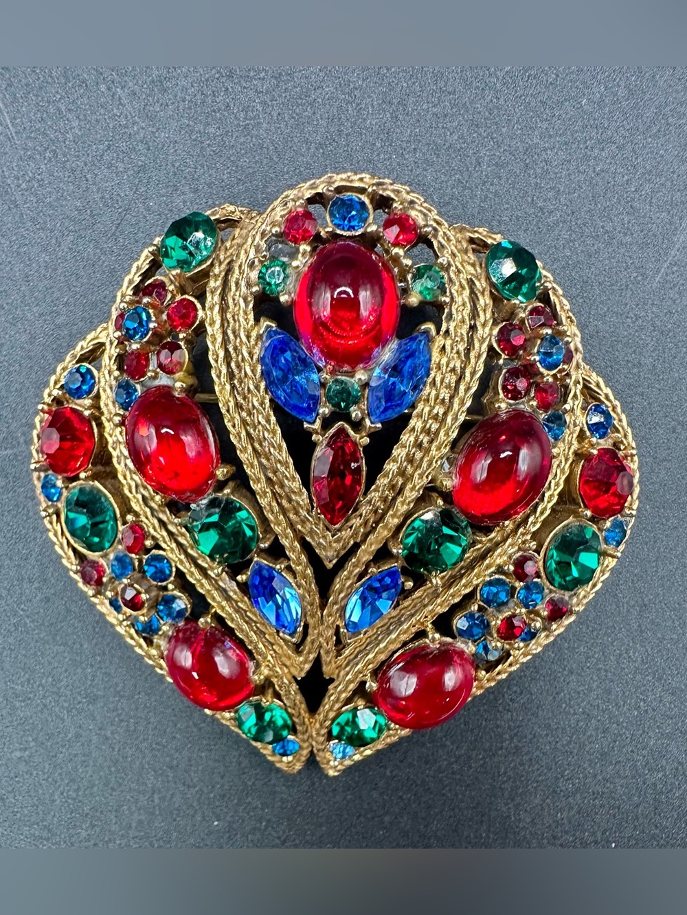 Vintage Multicolor Rhinestone Gold Tone Brooch with Red Cabochons Brooch Pendant